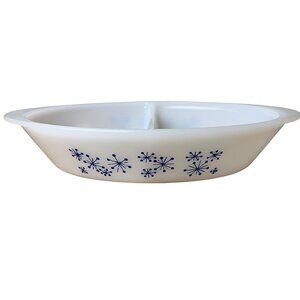 Vintage Glasbake Divided Serving Dish Rate Blue Atomic Starburst oval